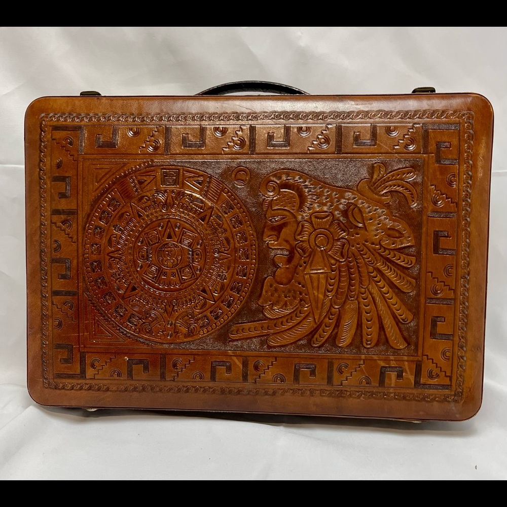 Vintage Toltec Themed Tooled Leather Briefcase with Leather Laptop Sleeve